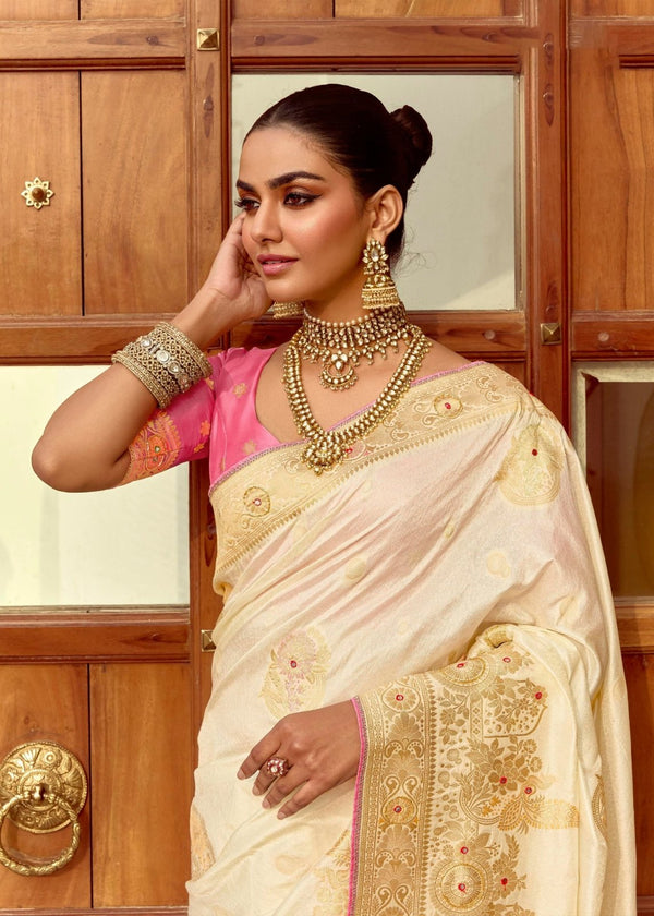 Ivory Cream Banarasi Silk Saree With Contrast Blouse