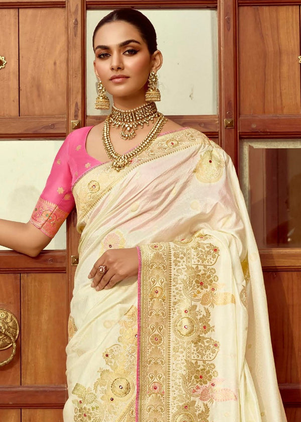 Ivory Cream Banarasi Silk Saree With Contrast Blouse