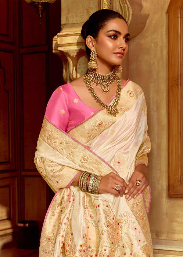 Ivory Cream Banarasi Silk Saree With Contrast Blouse