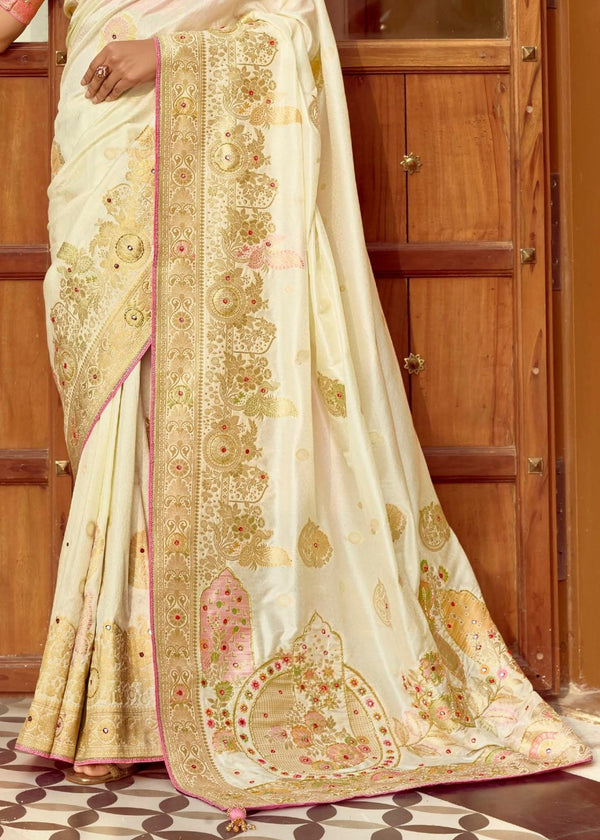 Ivory Cream Banarasi Silk Saree With Contrast Blouse