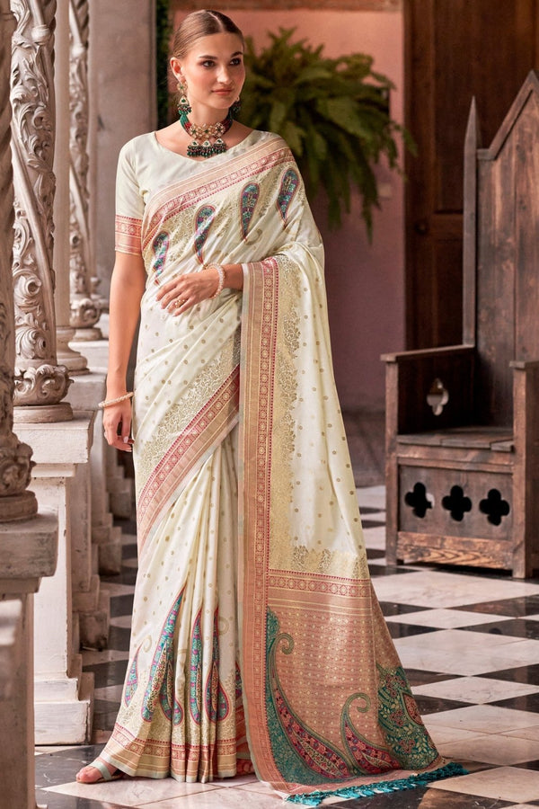 Ivory Cream Banarasi Soft Silk Saree