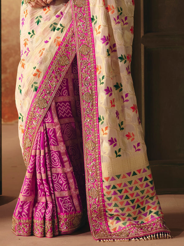 Ivory Cream Bandhani Banarasi Georgette Saree, border and drape