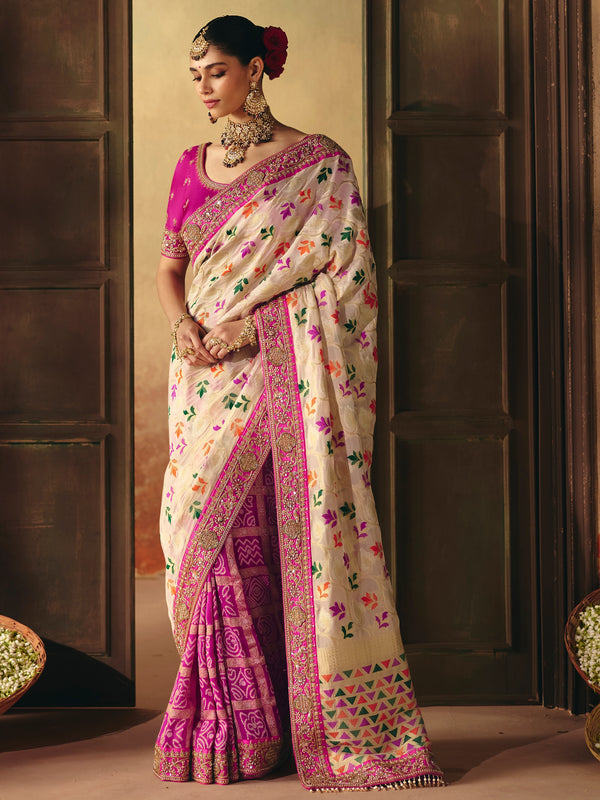 Ivory Cream Bandhani Banarasi Georgette Saree With Contrast Blouse