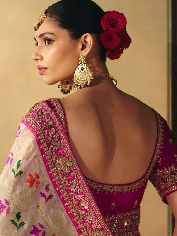Ivory Cream Bandhani Banarasi Georgette Saree, back view