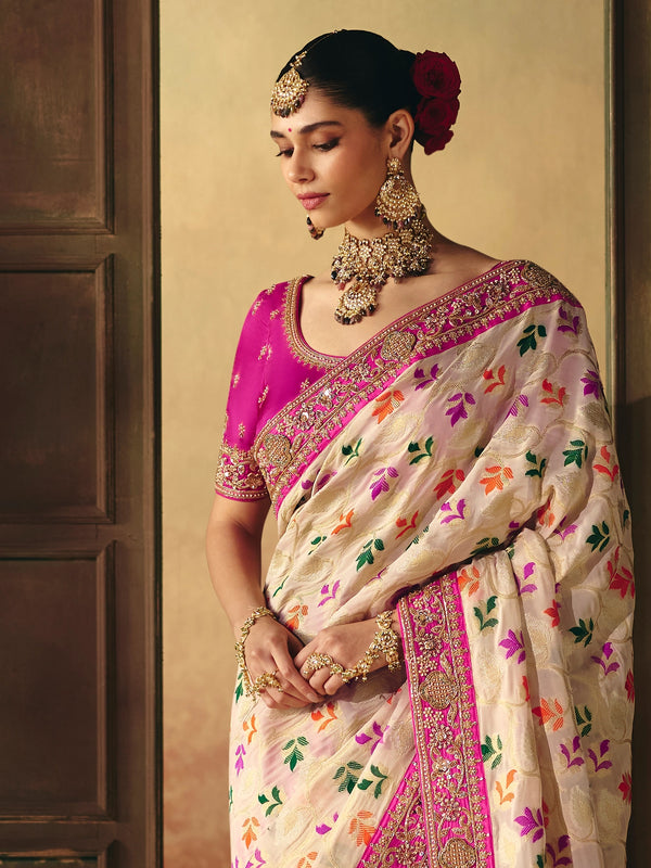 Ivory Cream Bandhani Banarasi Georgette Saree, pallu and blouse