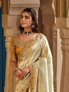 Ivory Cream Embroidered Designer Tissue Silk Saree