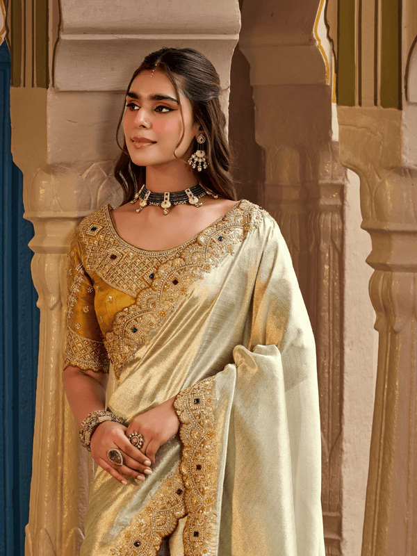Ivory Cream Embroidered Designer Tissue Silk Saree