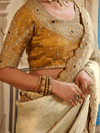 Ivory Cream Embroidered Designer Tissue Silk Saree