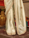 Ivory Cream Embroidered Designer Tissue Silk Saree