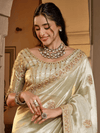Ivory Cream Embroidered Designer Tissue Silk Saree