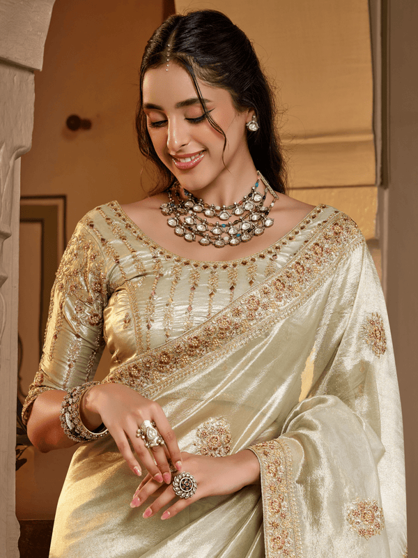 Ivory Cream Embroidered Designer Tissue Silk Saree