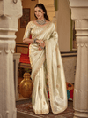 Ivory Cream Embroidered Designer Tissue Silk Saree