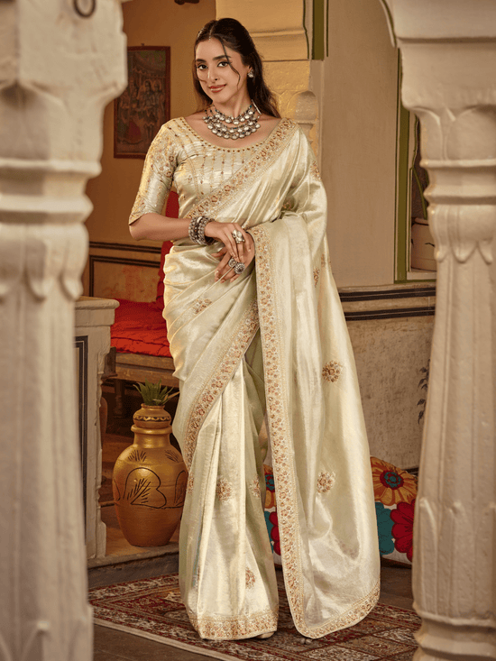 Ivory Cream Embroidered Designer Tissue Silk Saree