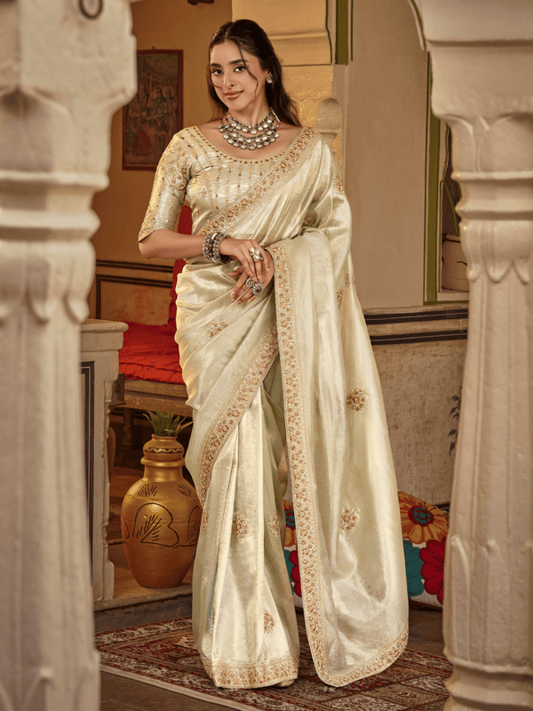 Ivory Cream Embroidered Designer Tissue Silk Saree