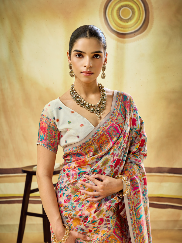 Ivory Cream Kashmiri Kani Handloom Cotton Silk Saree