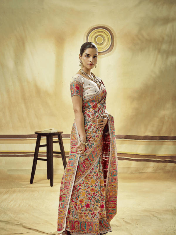 Ivory Cream Kashmiri Kani Handloom Cotton Silk Saree