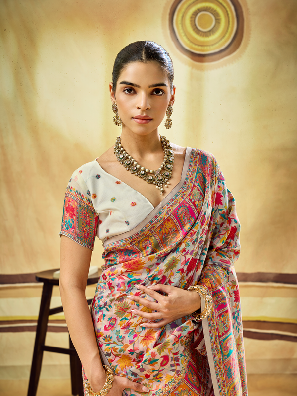 Ivory Cream Kashmiri Kani Handloom Cotton Silk Saree