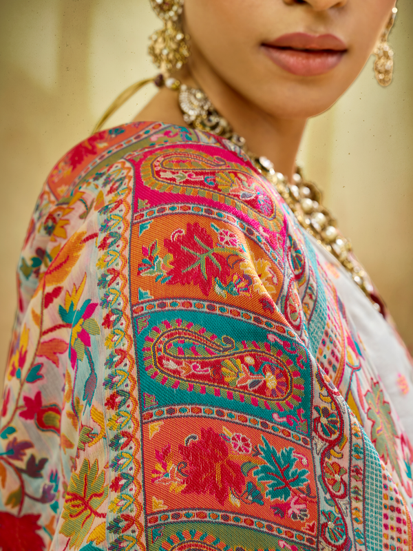 Ivory Cream Kashmiri Kani Handloom Cotton Silk Saree