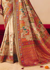 Ivory Cream Multicolor Pichwai Designer Dola Silk Saree