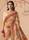 Ivory Cream Multicolor Pichwai Designer Dola Silk Saree