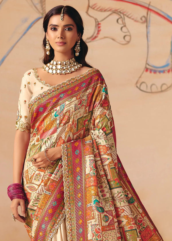 Ivory Cream Multicolor Pichwai Designer Dola Silk Saree
