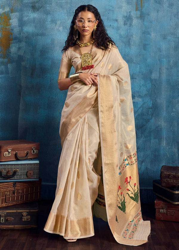 Ivory Cream Paithani Tissue Silk Saree