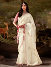 Ivory Embroidered Designer Organza Silk Saree With Contrast Blouse