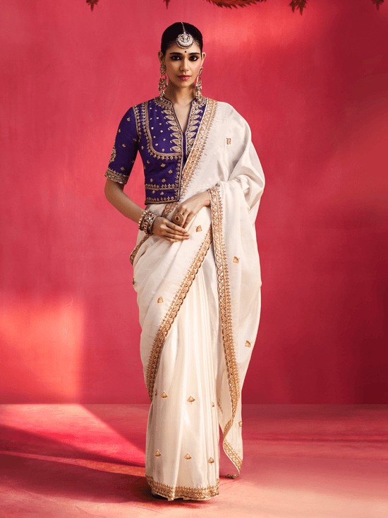 Ivory Embroidered Designer Satin Silk Saree With Contrast Blouse