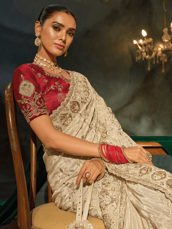 Ivory Embroidered Designer Silk Saree With Contrast Blouse