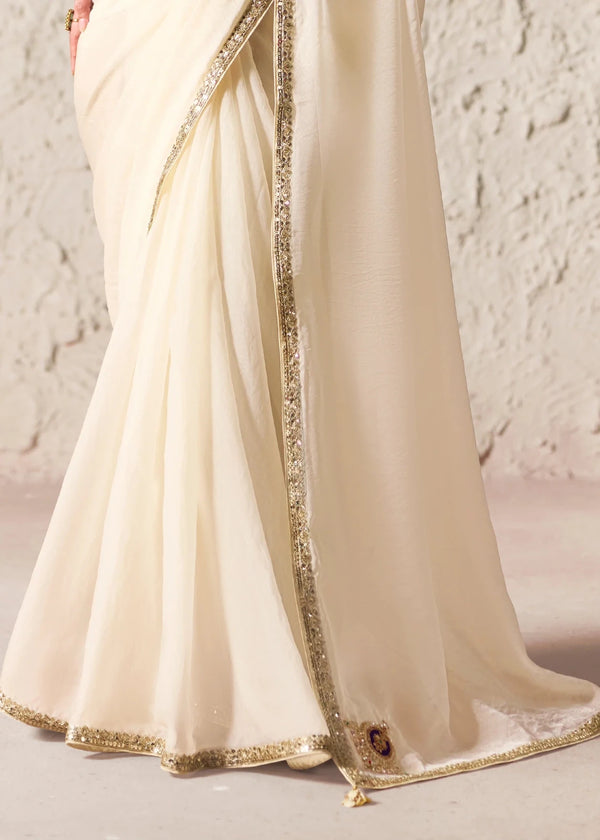 Ivory Organza Saree with Multicolor Contrast Blouse