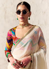 Ivory Organza Saree with Multicolor Contrast Blouse