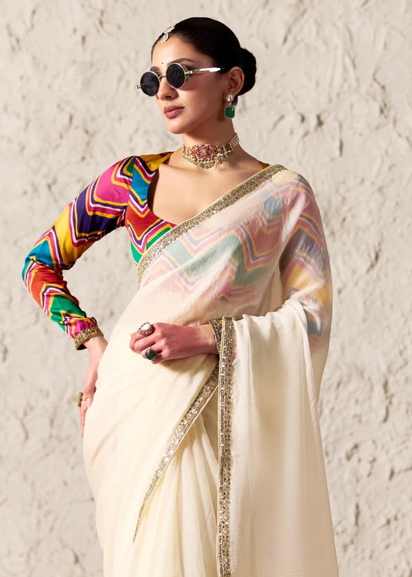 Ivory Organza Saree with Multicolor Contrast Blouse