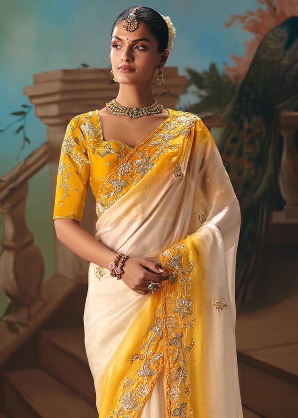 Ivory Yellow Ombre Organza Silk Saree with Yellow Contrast Blouse