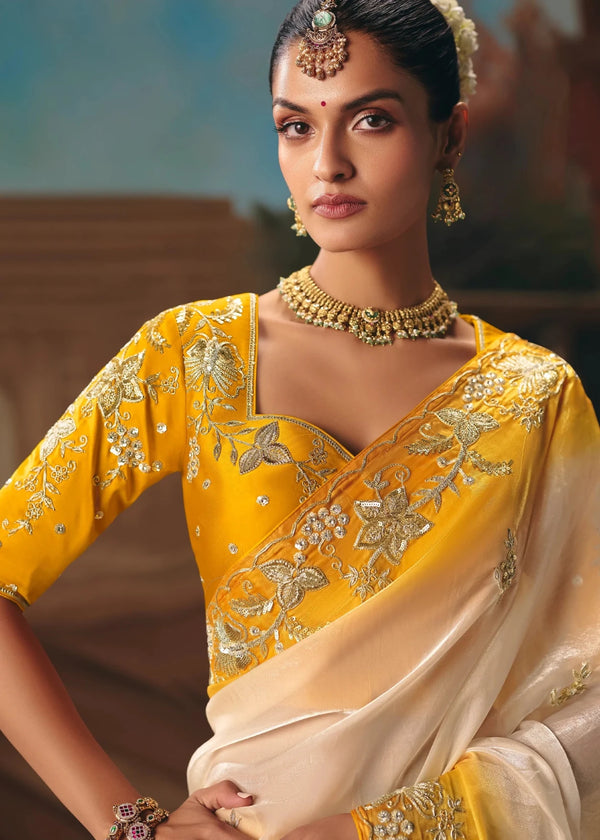 Ivory Yellow Ombre Organza Silk Saree with Yellow Contrast Blouse