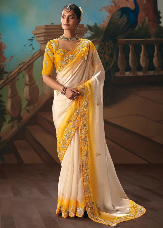 Ivory Yellow Ombre Organza Silk Saree with Yellow Contrast Blouse