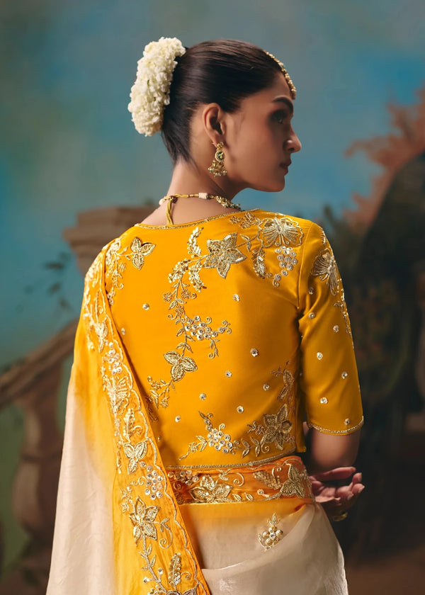 Ivory Yellow Ombre Organza Silk Saree with Yellow Contrast Blouse