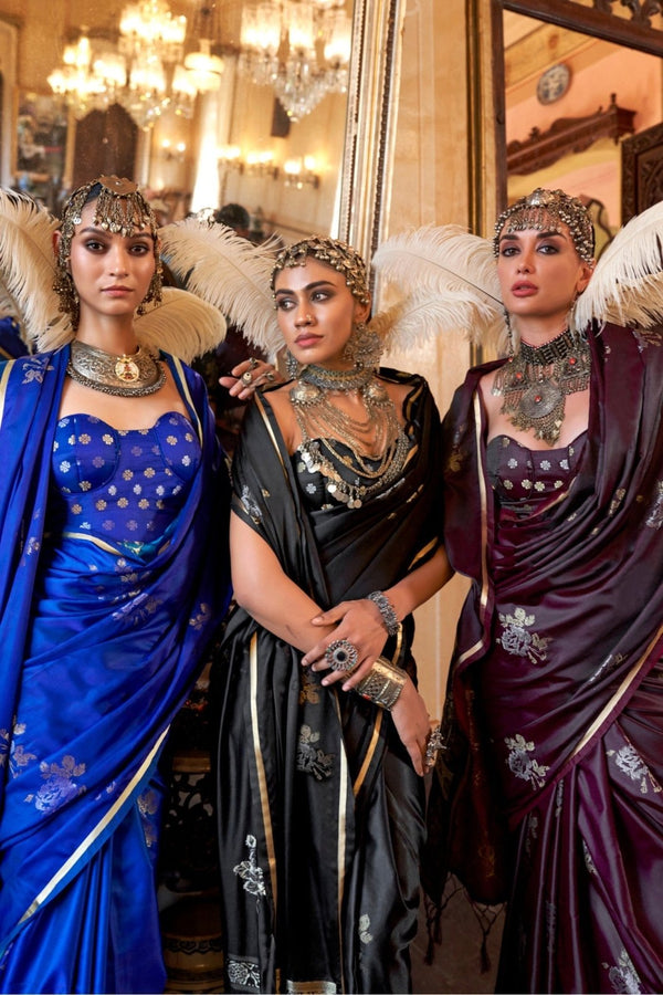 Jet Black Banarasi Satin Silk Saree