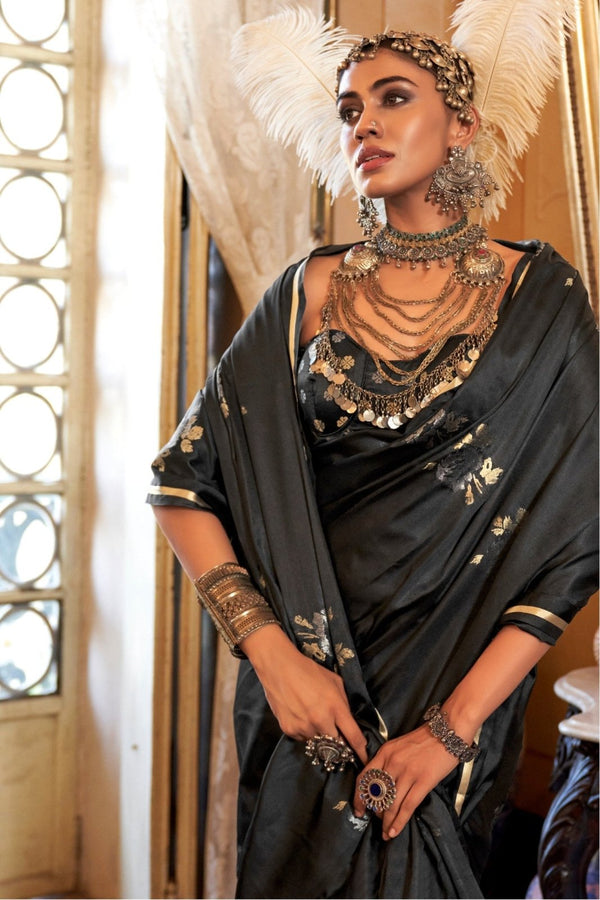 Jet Black Banarasi Satin Silk Saree