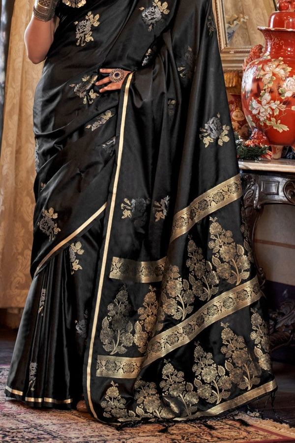 Jet Black Banarasi Satin Silk Saree