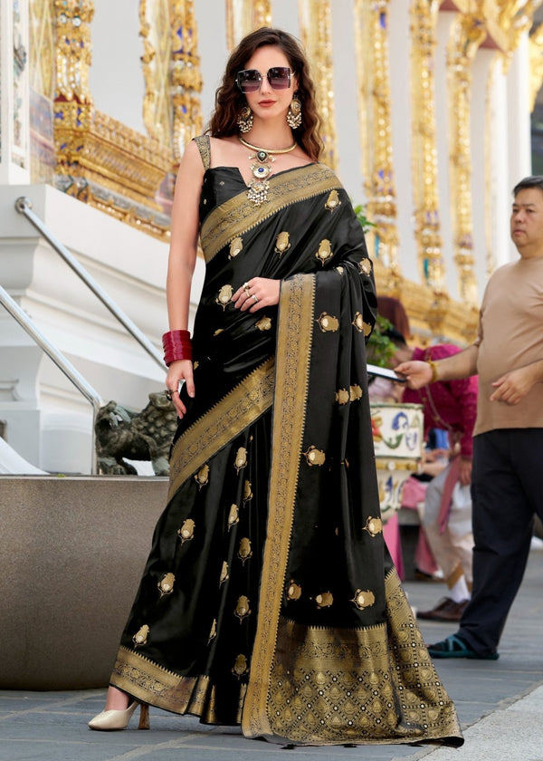 Jet Black Banarasi Satin Silk Saree