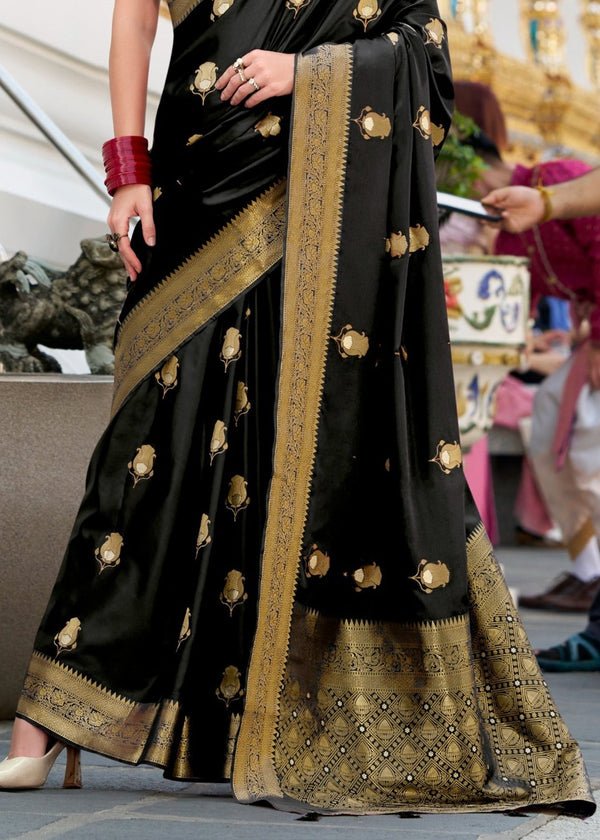 Jet Black Banarasi Satin Silk Saree