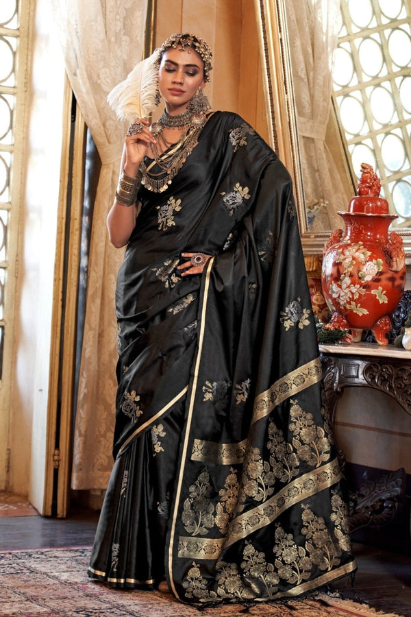 Jet Black Banarasi Satin Silk Saree