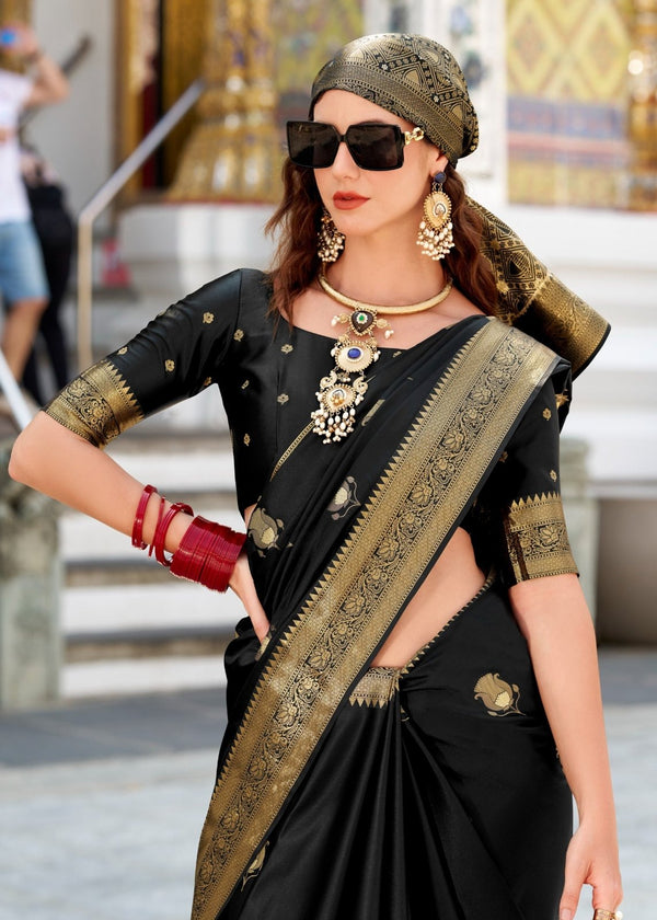 Jet Black Banarasi Satin Silk Saree