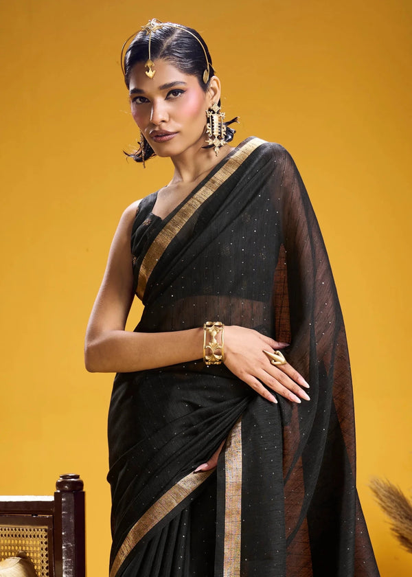 Jet Black Linen Silk Saree