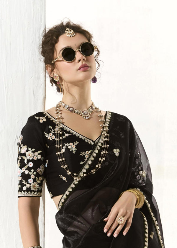 Jet Black Organza Tissue Silk Saree