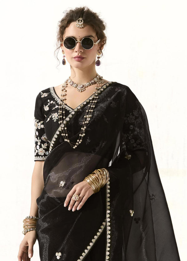 Jet Black Organza Tissue Silk Saree