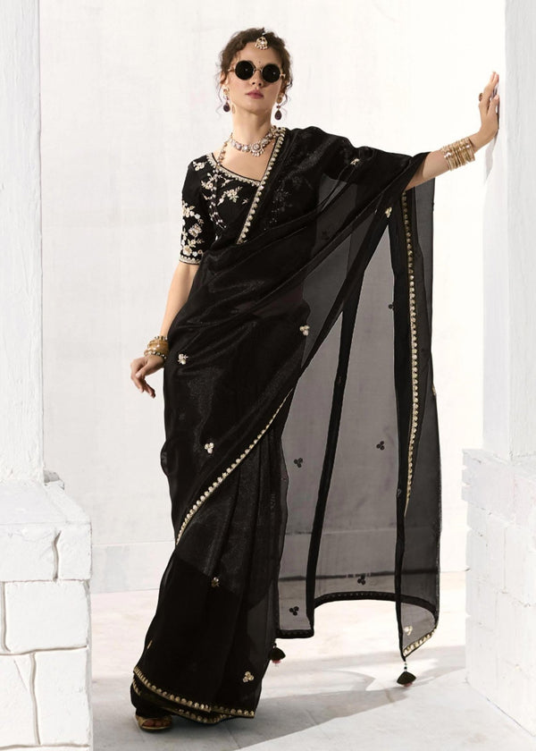 Jet Black Organza Tissue Silk Saree