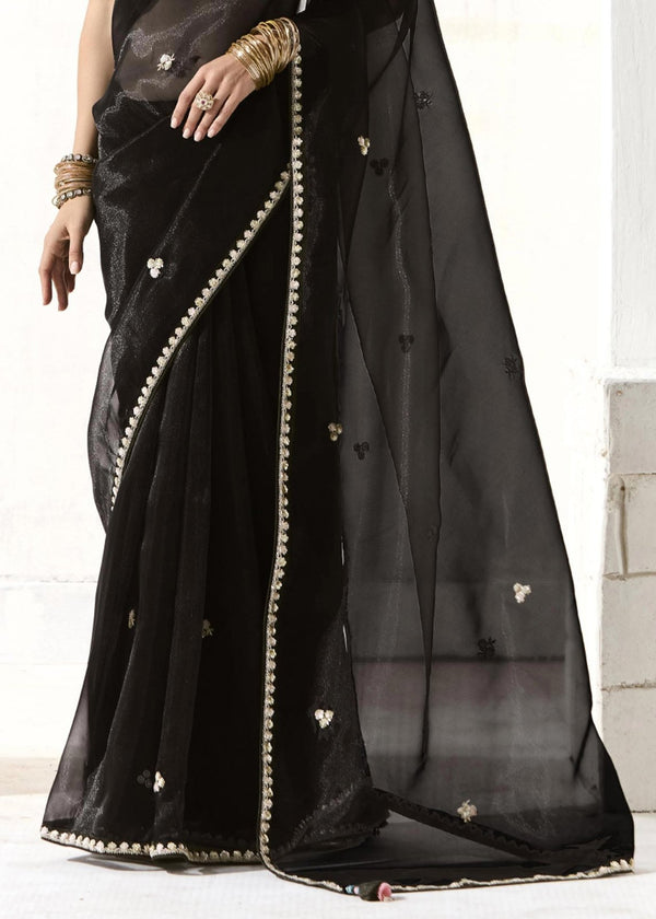 Jet Black Organza Tissue Silk Saree