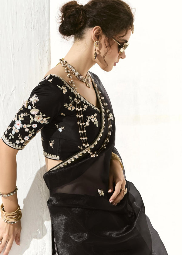 Jet Black Organza Tissue Silk Saree