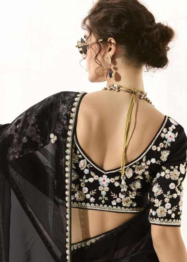 Jet Black Organza Tissue Silk Saree